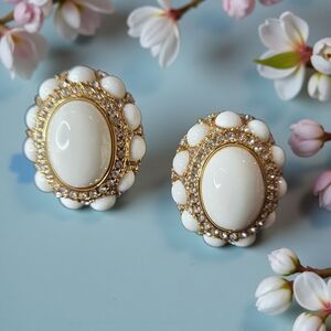 Chunky Gold Plated Domed Cabochon & Pave Crystal Vintage Style Earrings